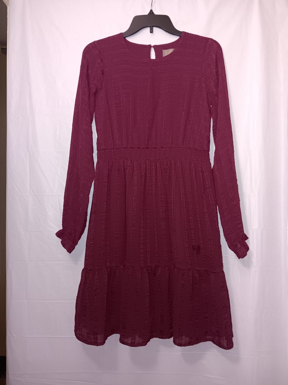 CREAMIE CHIFFON CHECKS TIERED EMBRIODERED DRESS